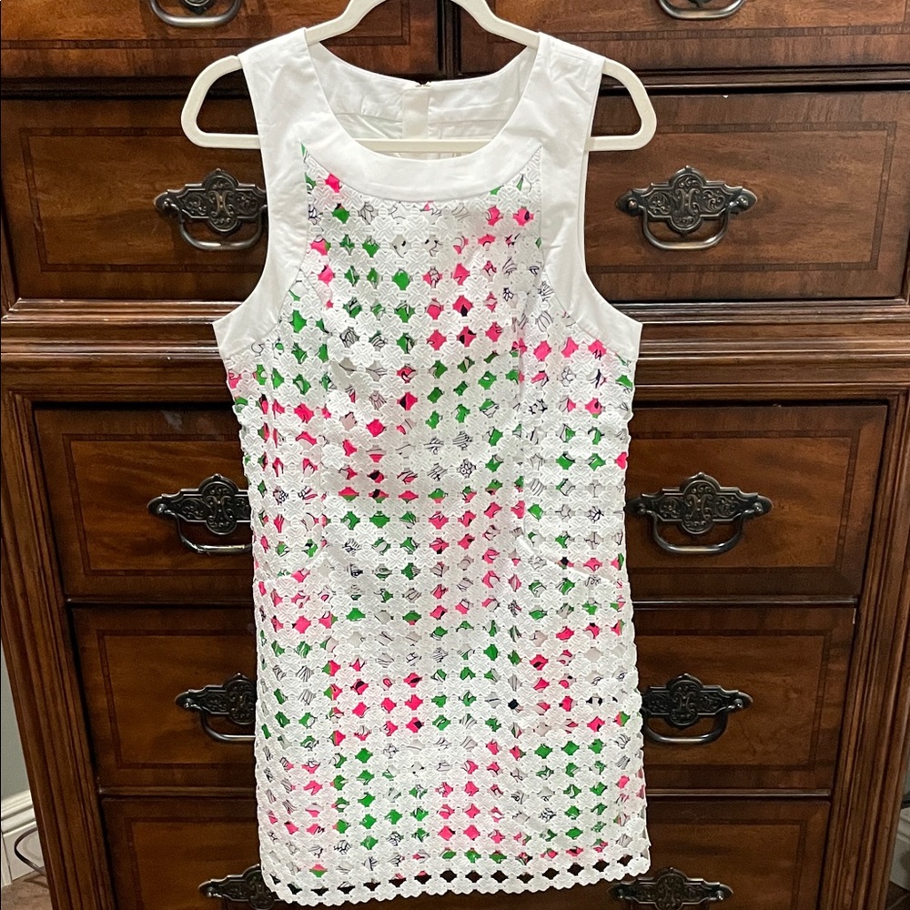 Lilly Pulitzer White Crochet Shift Dress with Pink & Green Accents